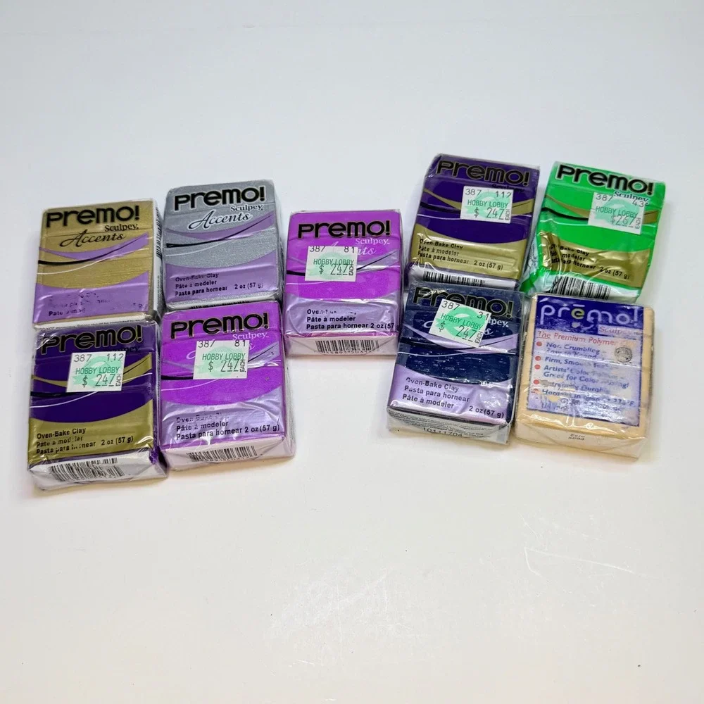 Sculpey Premo Accents Polymer Clay Lot 9 Bars 2oz Metallic Purple Green Ecru